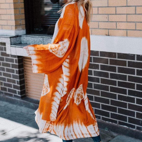 JANIS Tie-Dye Longline Kimono w/Full Sleeves Rust - Picture 4 of 6